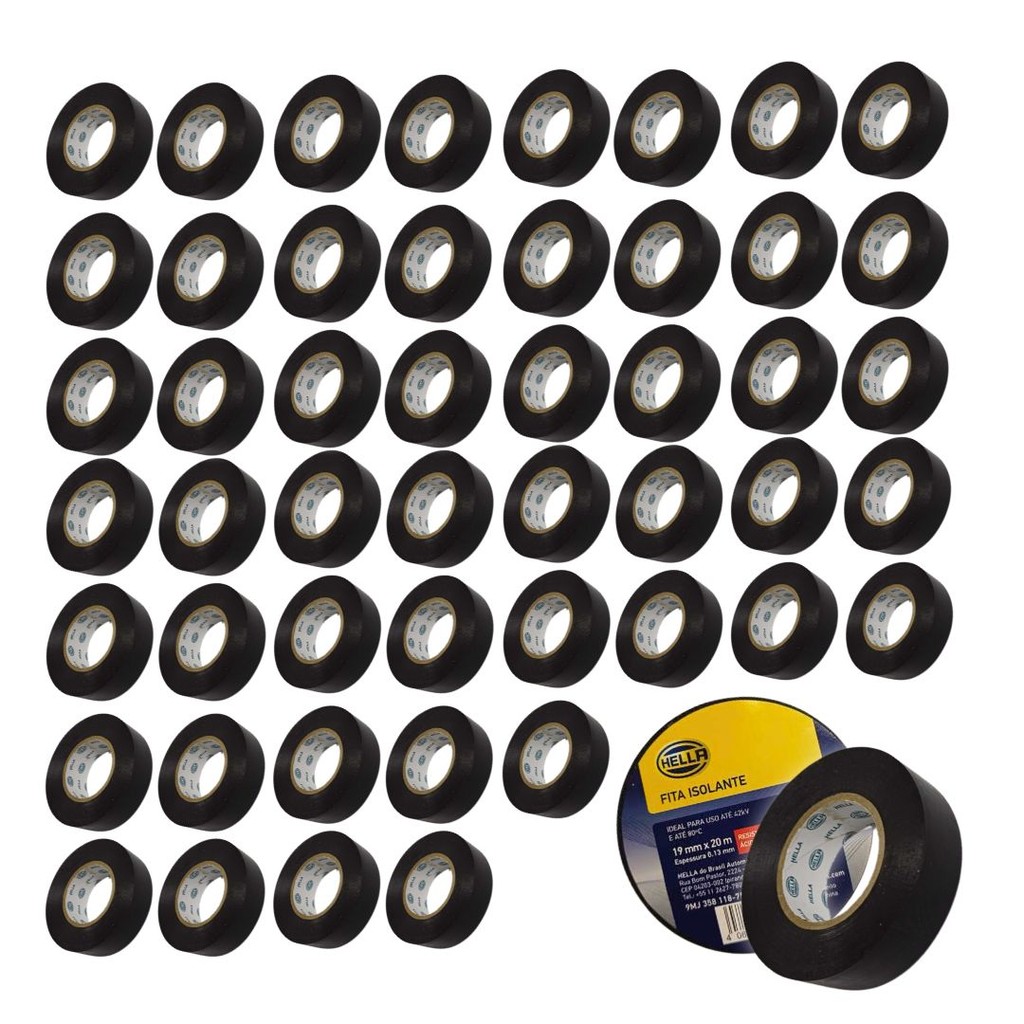 Kit 50 Fita Isolante 20 Metros 19mm Resistente Fogo Graxa Umidade Fita Isolante 20m 19mm Hella em Oferta na Shopee