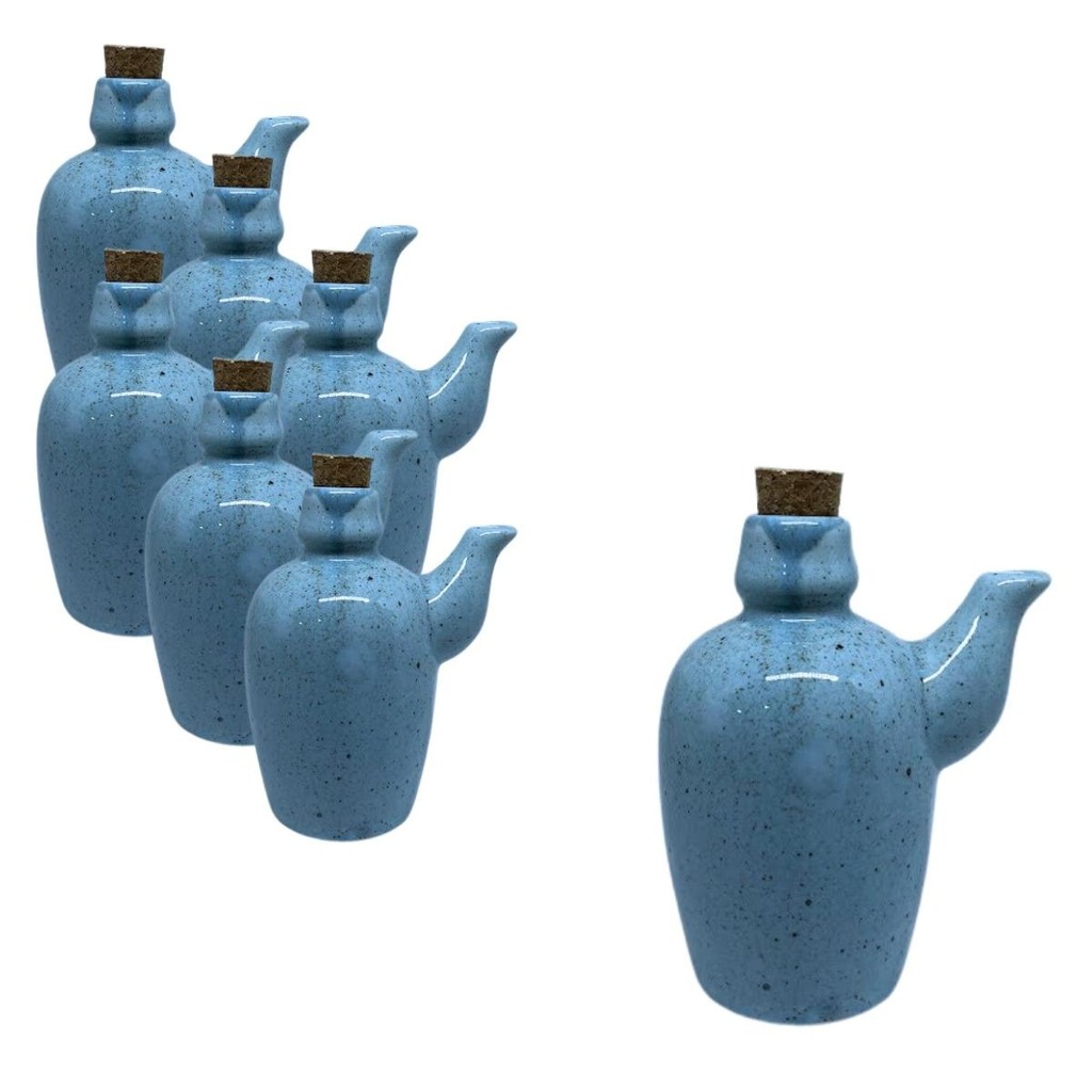 Kit 7 Jarras Porta Shoyu Porcelana Azul Mesclado com Rolha