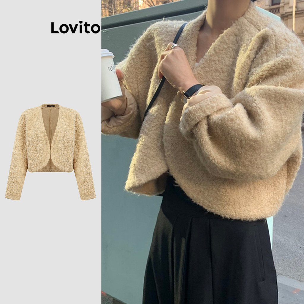 Lovito Casaco básico casual de tecido de pelúcia simples para mulheres L110AD1316 - Women Clothes