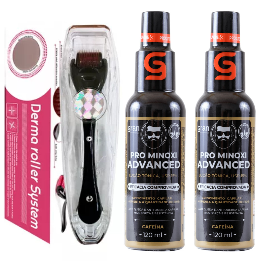 Kit 2x Tônico Antiqueda Pro Minoxi + Dermaroller Crescimento Para Cabelo Barba e Sobrancelha
