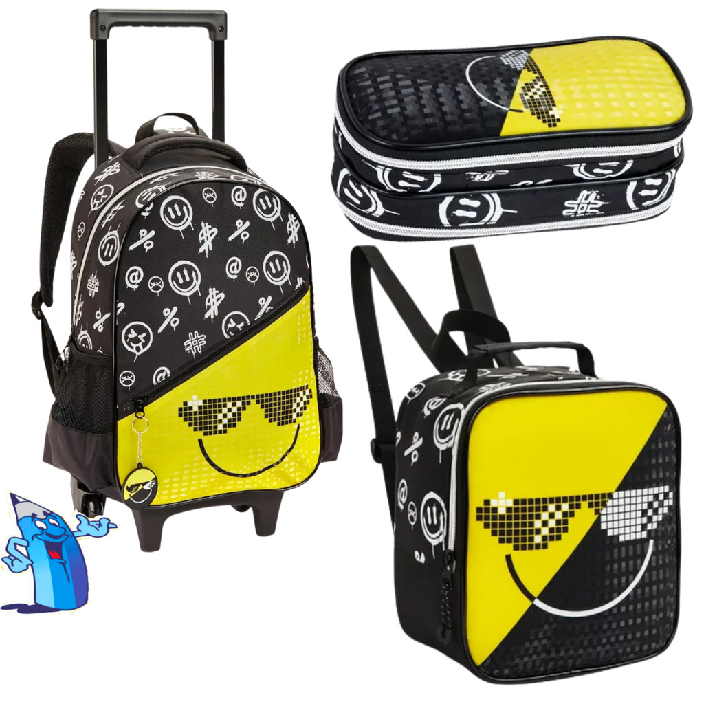 KIT MOCHILA DE RODINHA COM LANCHEIRA ESTOJO SMILE COOL INFANTIL UNISEX HAPPY OCULOS THUG LIFE DENLEX