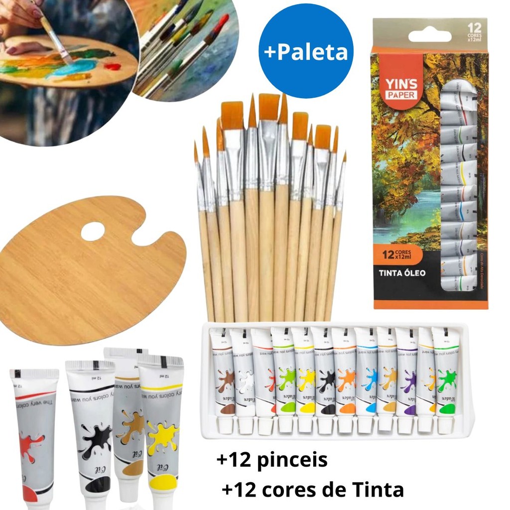 Imagem Kit 12 Pincéis Artesanato Pintura + 12 Cores de Tinta Oleo + Paletas Pintura