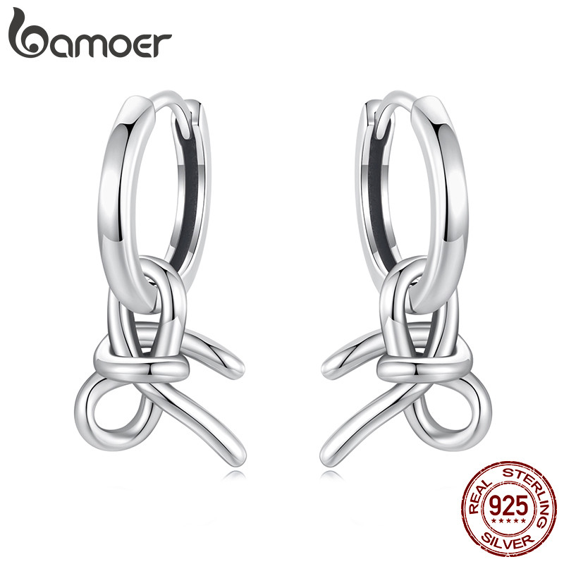 Bamoer 925 Sterling Sliver Hoop Brincos Bow Design Joias Presentes Para Mulheres