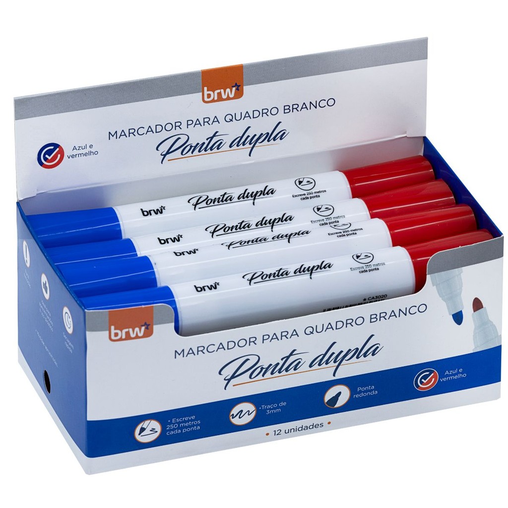 CX 12 MARCADOR PINCEL CANETÃO PARA QUADRO BRANCO 2 EM 1 PONTA DUPLA VERMELHO E AZUL - BRW