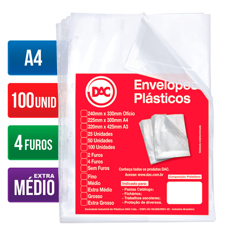 Envelope plástico A4 0.12 4 furos 5178A4 pacote com 100 unidades Dac em Oferta na Shopee