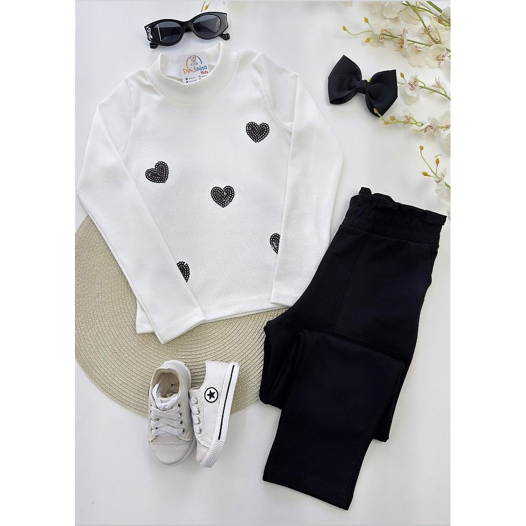 Conjunto Infantil Menina Blusa Camiseta Manga Longa Ribana Canelada Calça Roupa Inverno Esther