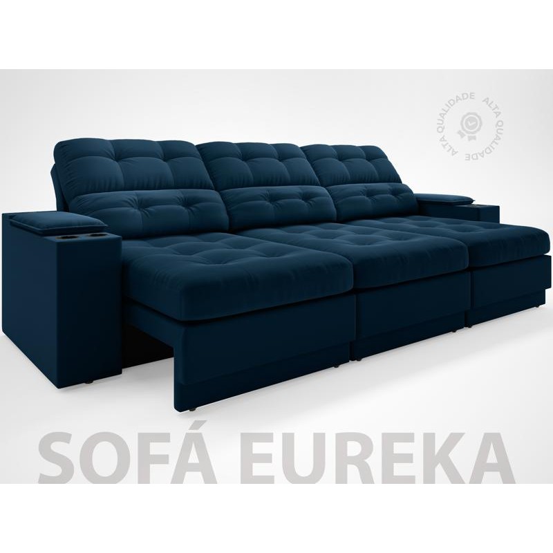 Sofá com Porta Copos e Carregador USB Eureka 2,30m Assento Retrátil e Reclinável Velosuede Petróleo - NETSOFAS