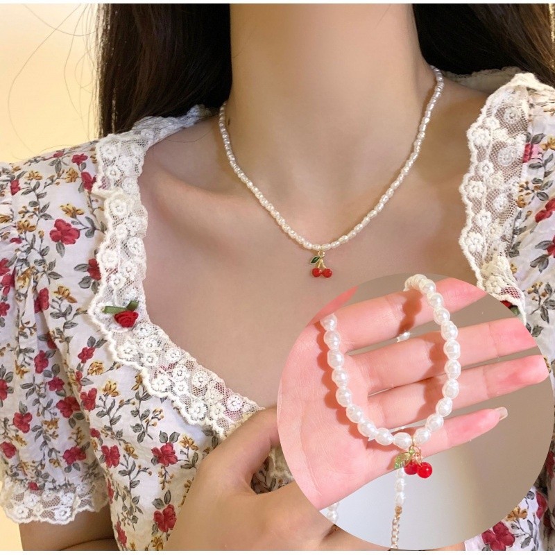 Colar de pérolas e cerejas da moda para mulheres Colar curto e doce Colar de design sofisticado e doce