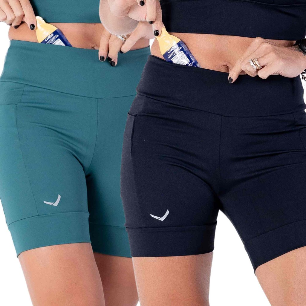 kit 02 Short Feminino Indrills de compressão c/ quatro Bolsos Para Corrida Caminhada Academia Running Preto + Green