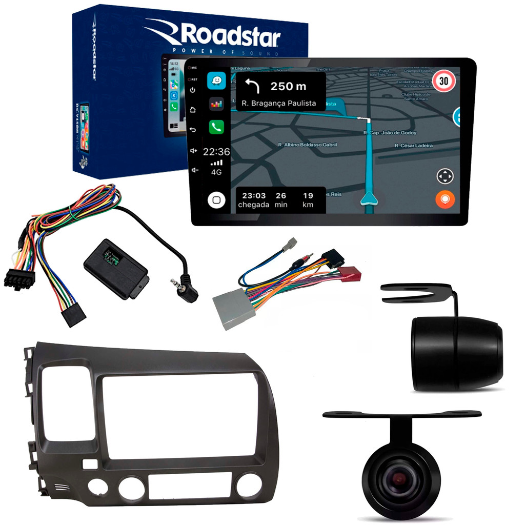 Kit Multimídia Android 9 Roadstar Honda Civic 2007 a 2011 Android Carplay + câmera de ré + Interface