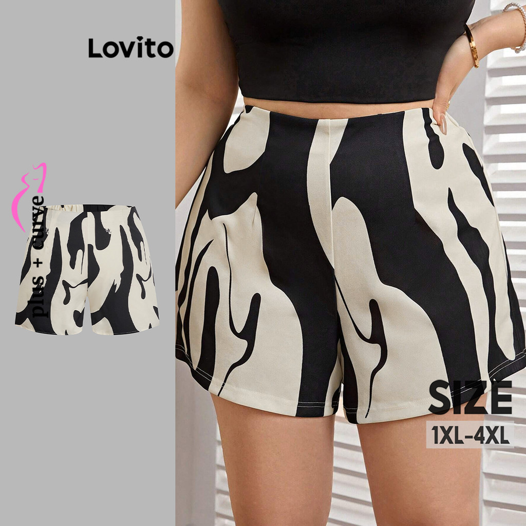 Lovito Shorts Curvos Plus Size Elegantes Com Zíper Geométrico E Padrão Para Mulheres LBL19843 em Oferta na Shopee