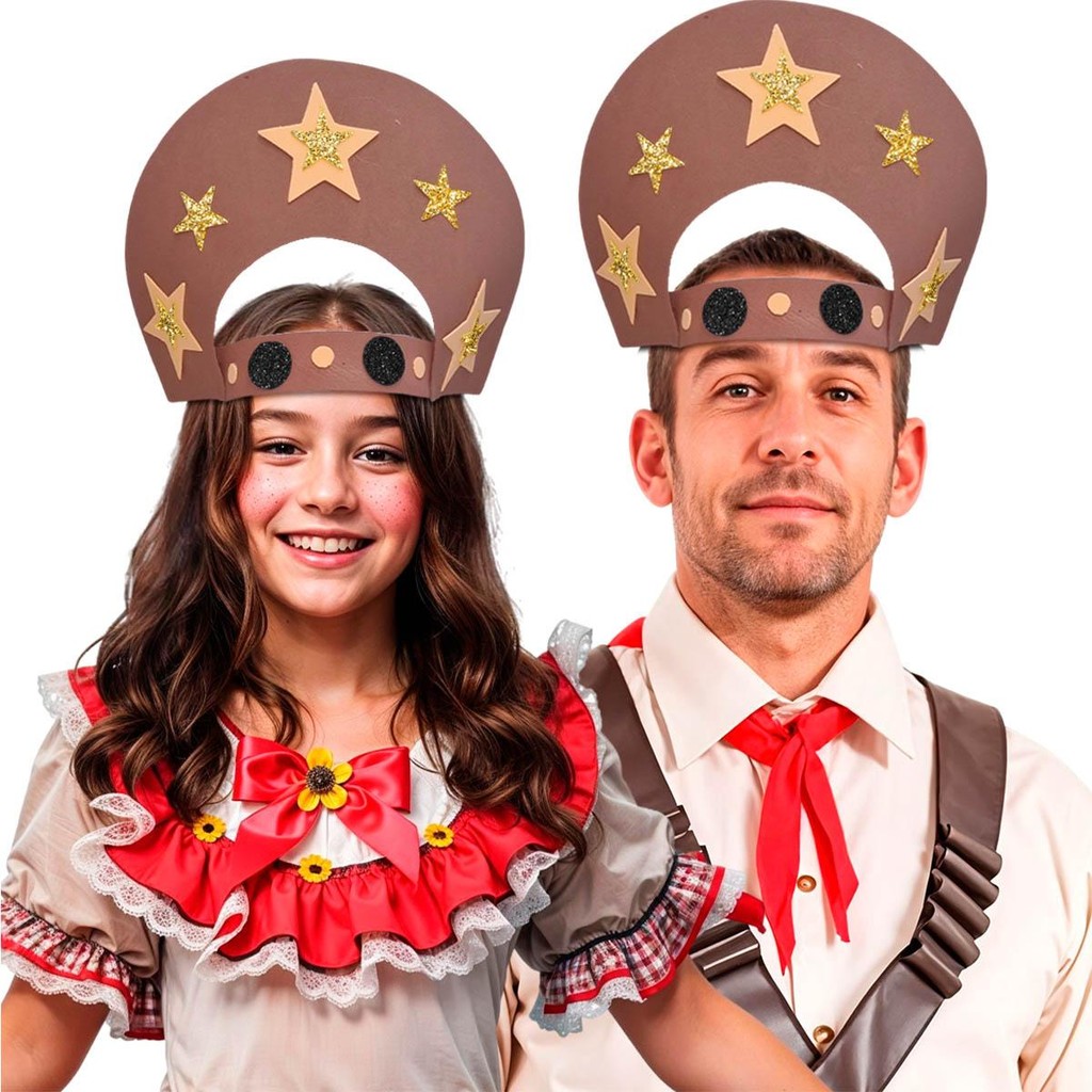 Chapéu Cangaceiro EVA Infantil e Adulto Fantasia Junina Lampião e Maria Bonita com Cordão Ajustável