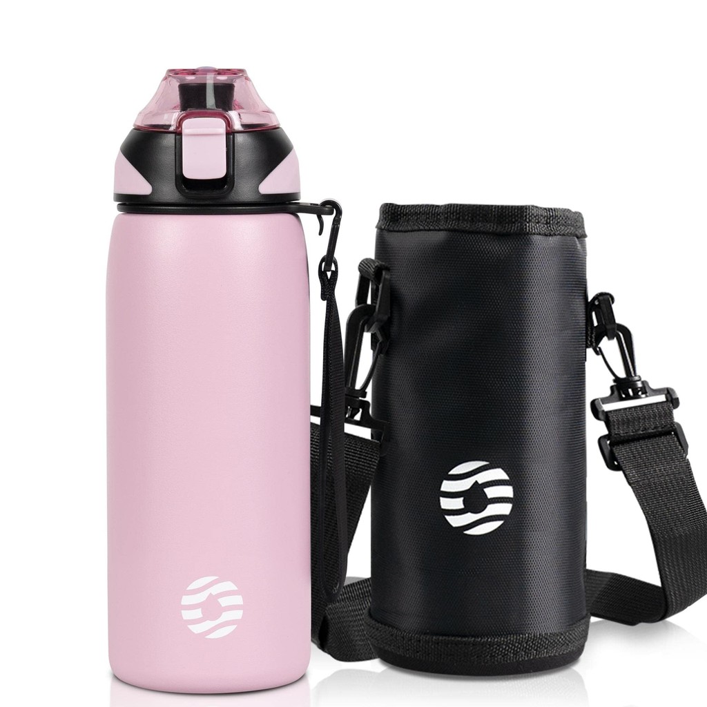 FJbottle Water Bottle 600ml Vacuum Insulated Mug Bottle (with Strap) One-Touch Heat Retention and Cold Preservation Easy to Clean Wide Mouth Stainless Steel Bottle with Bottle Cover and Cleaning Sponge Included Stylish for Girls and Boys Adults and Kids P