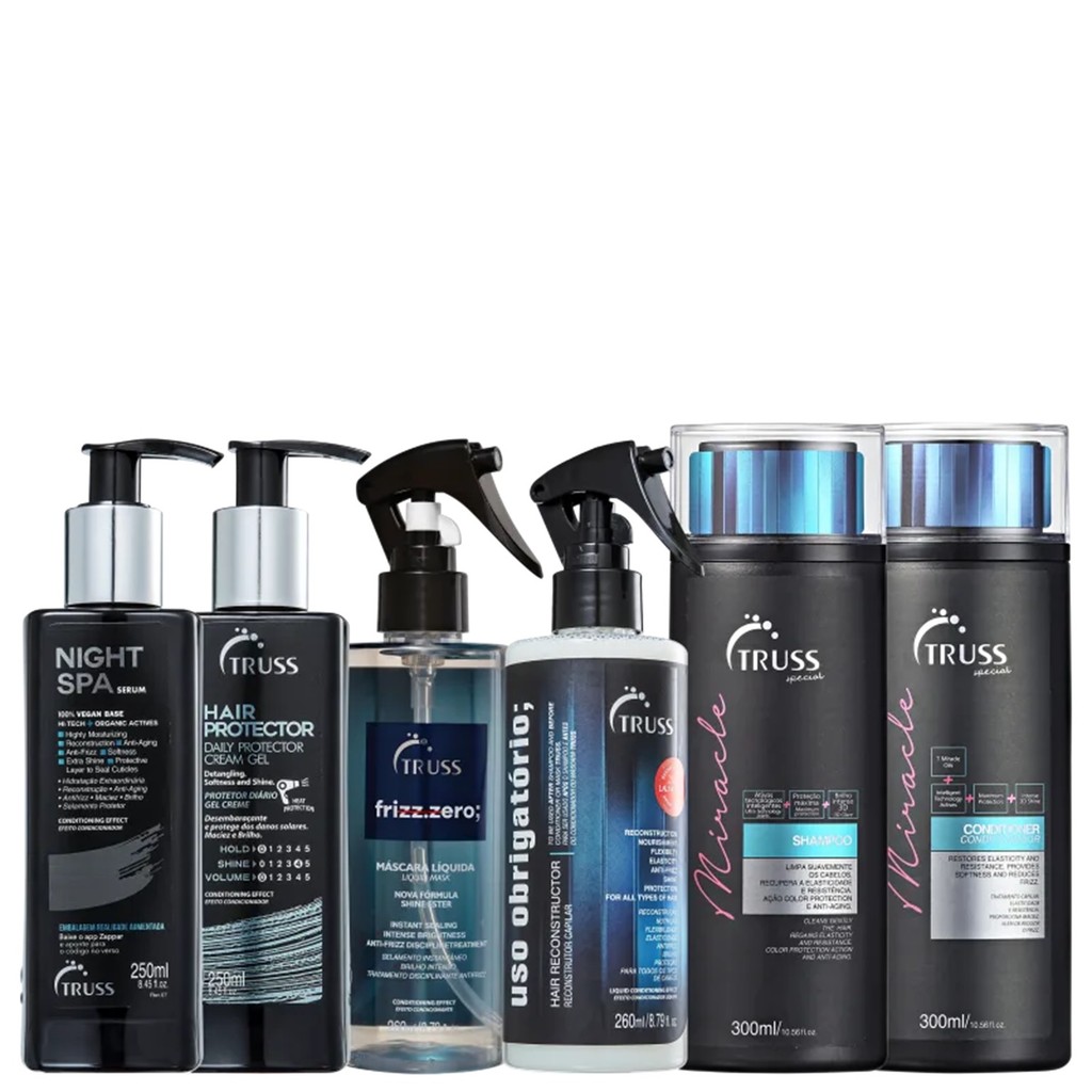Kit Truss Miracle -Shampoo 300ml +Condicionador 300ml +Night Spa 250ml +Hair Protector 250ml +Frizz 260ml +Uso 260ml