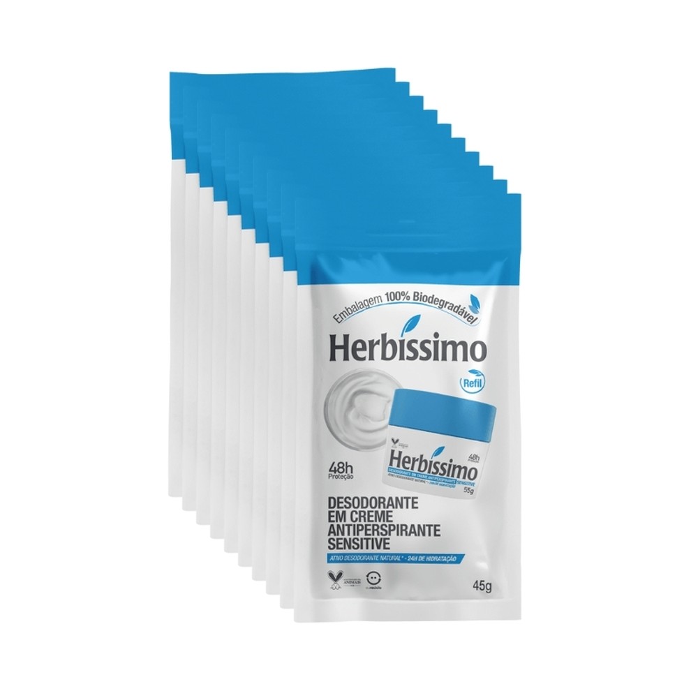 Kit Sachê Refil Desodorante Creme Antitranspirante Sensitive Herbissimo 45G (10 unidades)