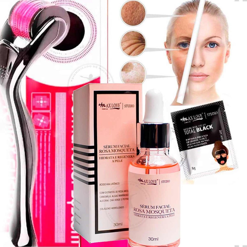 Sérum Rosa Mosqueta Com Colágeno +Rosto Perfeito Derma roler Estrias, Linhas De Expressão Rejuvenesc + Sache Pele limpa