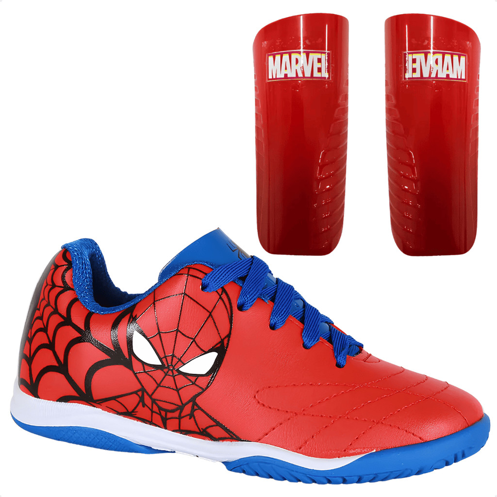 Chuteira + Caneleira Tênis Infantil Dray Futsal Indoor Homem Aranha Spider Caneleira