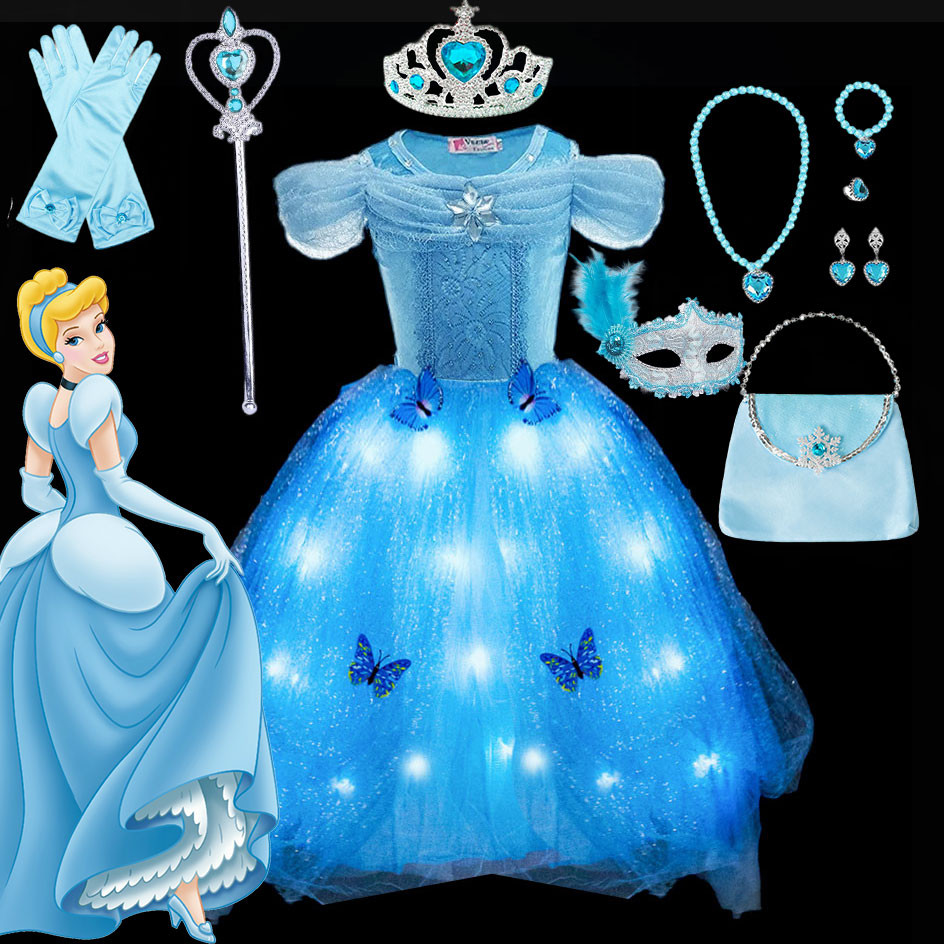 DY Q180 Vestido De Baile Cinderela Para Meninas Com Borboletas Embelezadas Em Destaque Iluminado Aniversário De Princesa