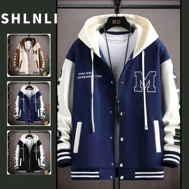 Jaqueta Masculina Tamanho Grande Solta Versátil Casual Com Capuz Primavera E Outono Contraste Estampado Casaco Zíper — imagem 1