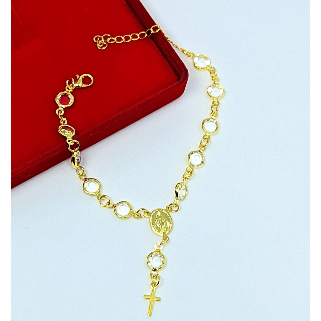 Pulseira Terço pedras cristais Zircônias Branca Preto pingente nossa senhora aparecida com cruz Folheado Ouro Dourado