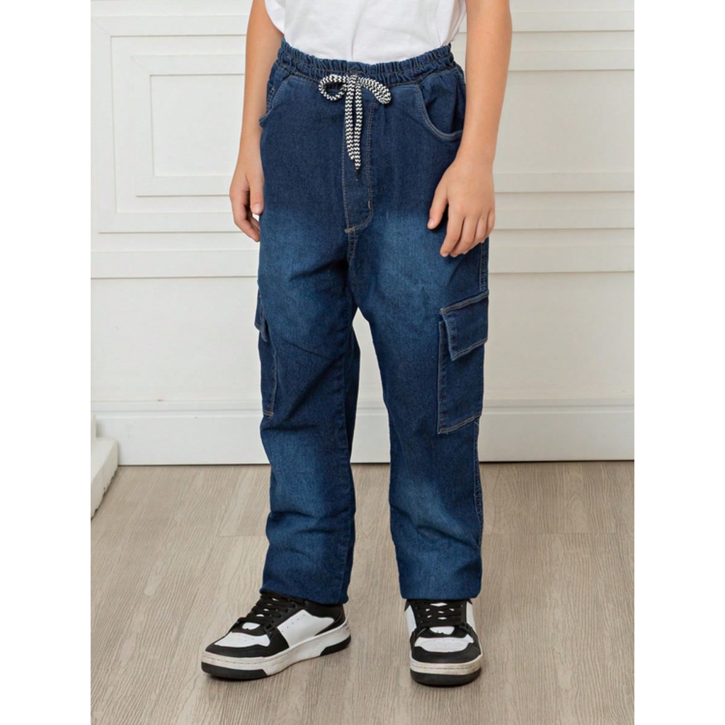 Calça Jeans Cargo Infantil Masculina Com Elástico Ajustável 4 ao 16