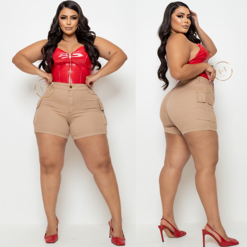 Short Jeans Cargo Plus Size Feminino Bege Com Lycra 44 Ao 54 em Oferta na Shopee