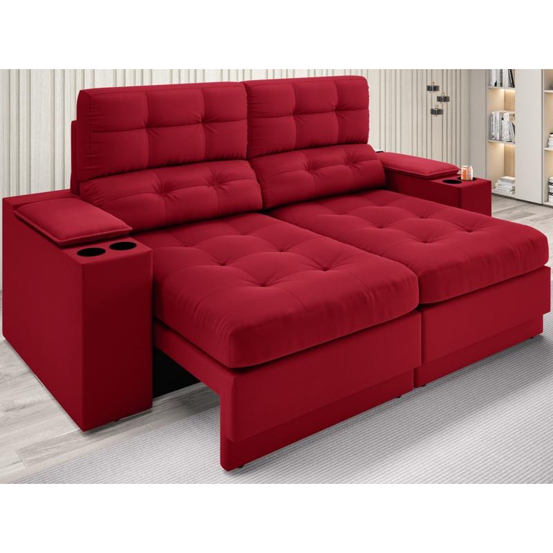 Sofá com Porta Copos e Carregador USB Eureka 1,70m Assento Retrátil e Reclinável Velosuede Vermelho - NETSOFAS