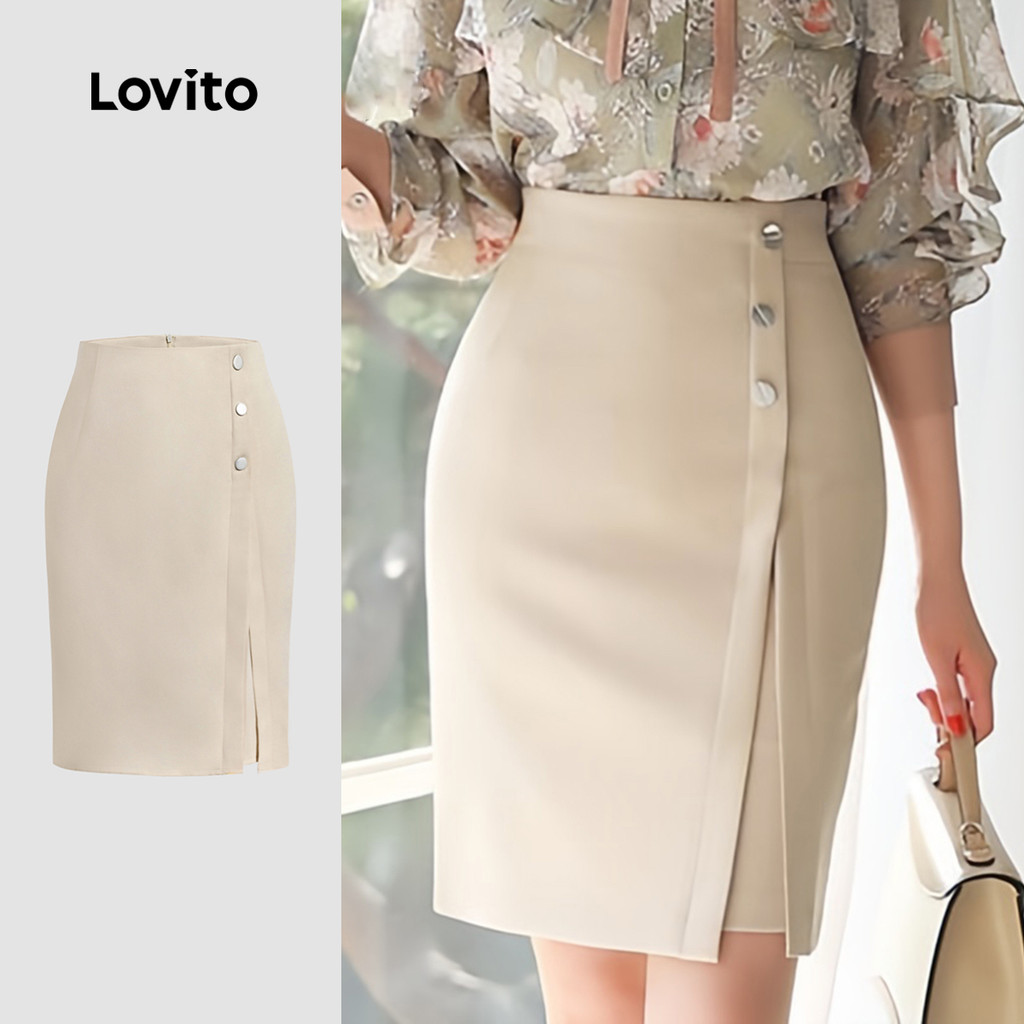 (Trendy) Lovito Saias Elegantes Com Botões Lisos Para Mulheres L133ED743 em Oferta na Shopee