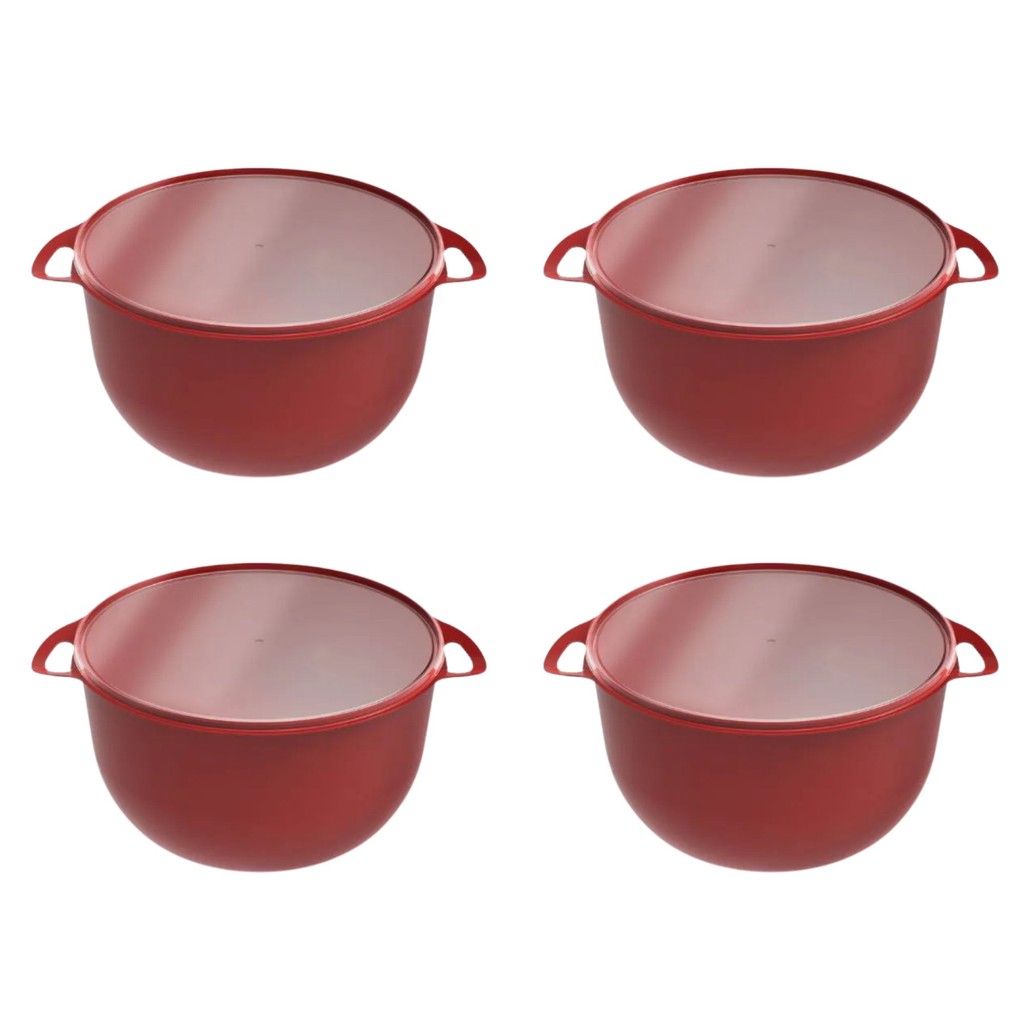 Kit 4 Pote Container Redondo Caçarola Vermelho 3,2L Com Alça E Tampa Plastica
