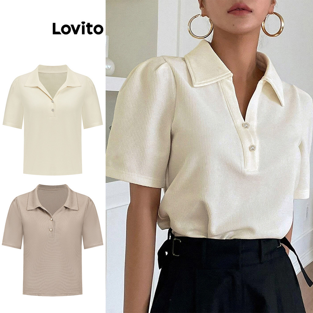 Lovito Camiseta Casual Com Gola Polo De Pérolas Lisas Para Mulheres LBL10131 - Women Clothes