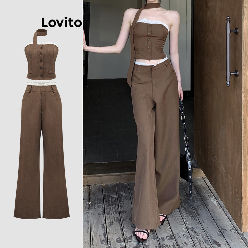 Lovito Tops ou calças femininas casuais de renda lisa L110AD1504 - Women Clothes