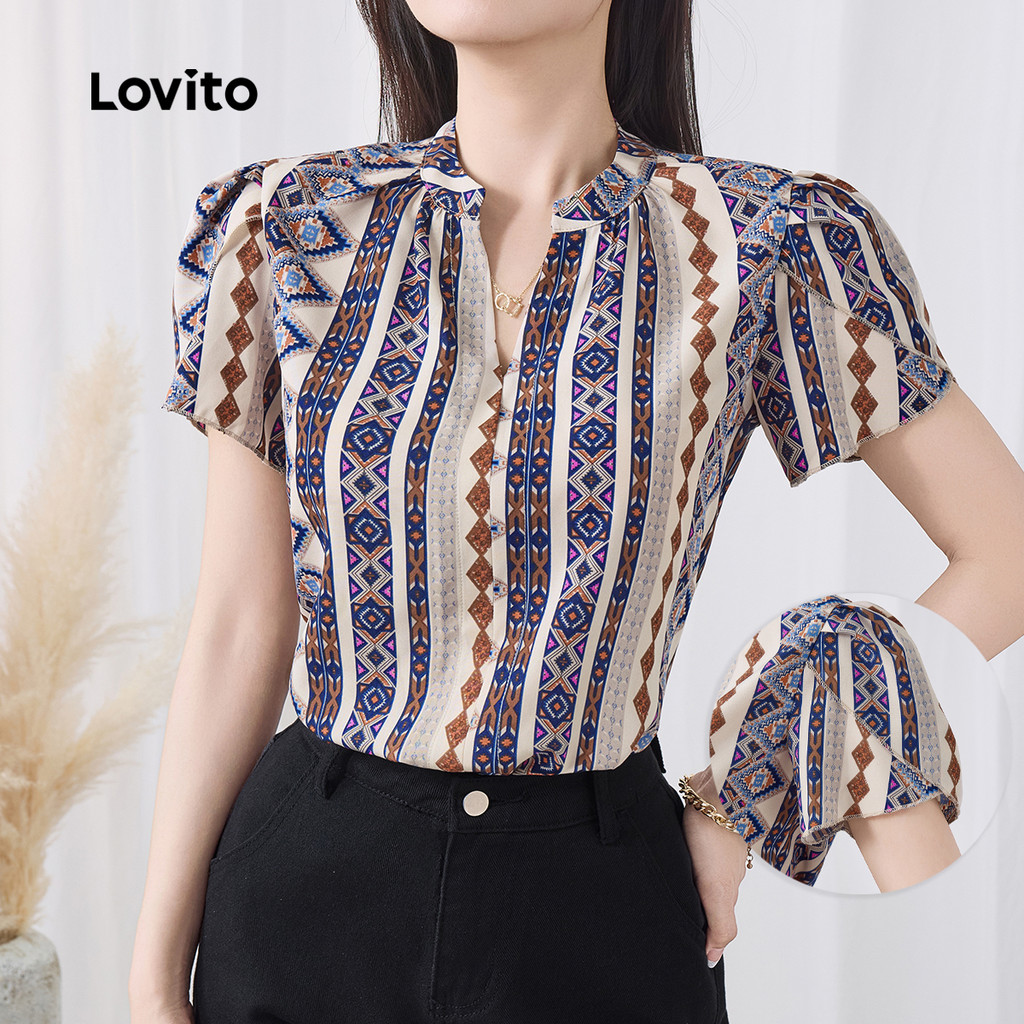 Lovito Blusa Boho Com Estampa Tribal E Frente Aberta Para Verão/primavera Para Mulheres L133ED144 em Oferta na Shopee