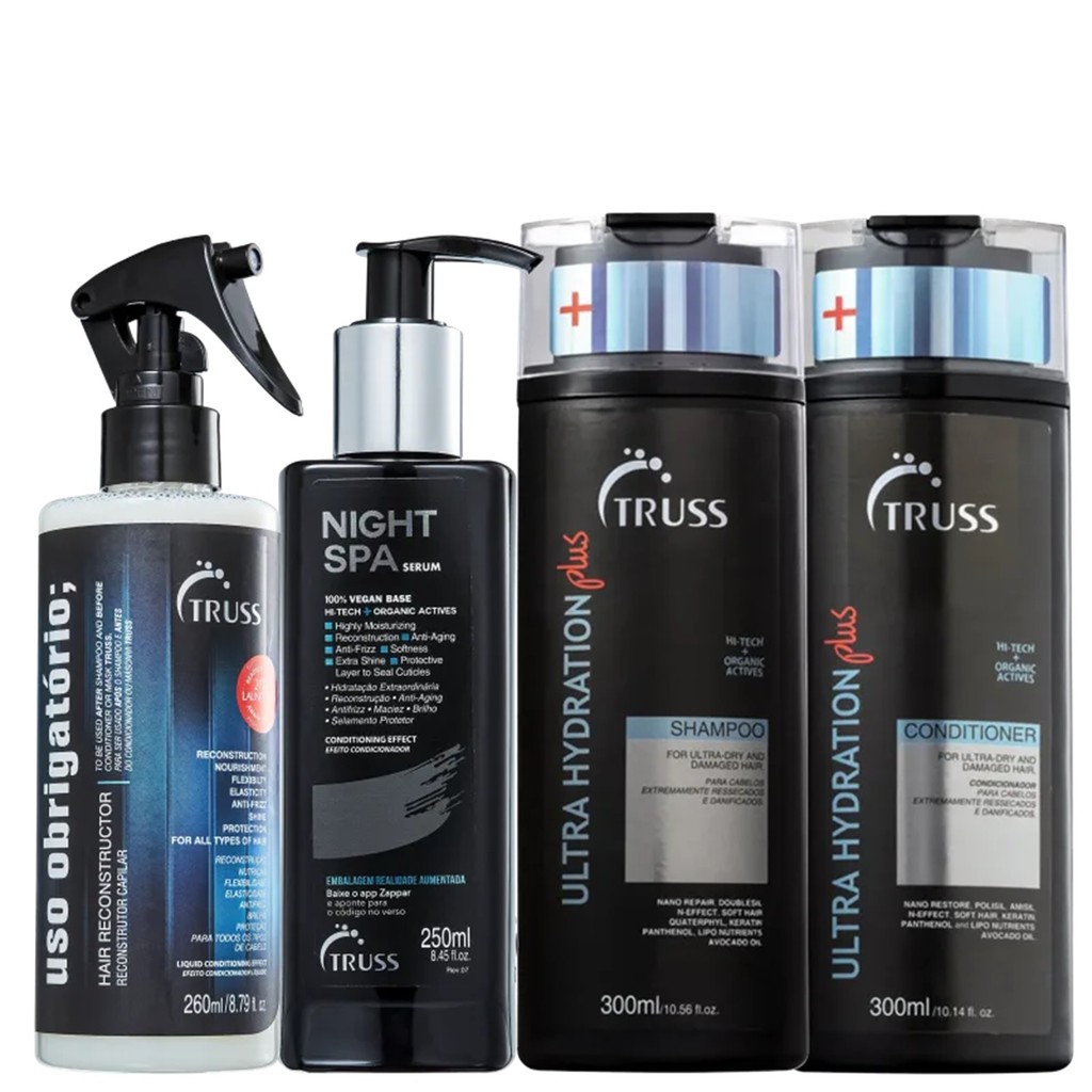 Kit Truss Ultra Hydration Plus - Shampoo 300ml + Condicionador 300ml + Uso Obrigatório Spray 260ml + Night Spa 250ml
