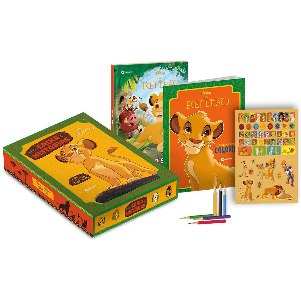 Minha Caixa de Histórias Rei Leão: Livro Capa Dura + Livro de Atividades + 6 lápis de cor e adesivos- Oficial Disney em Oferta na Shopee