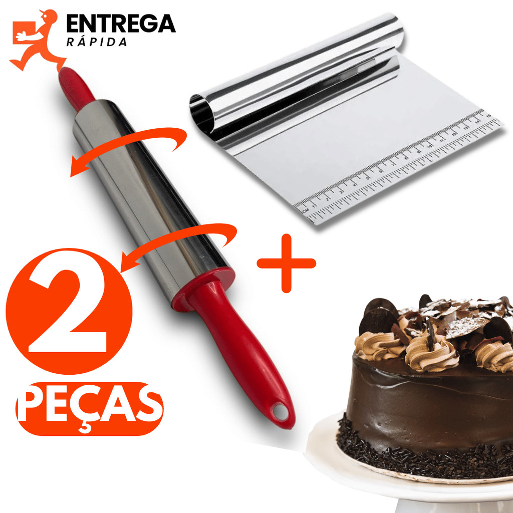Kit 2 Peças para Confeitaria Rolo de Massa com Cilindro Antiaderente Inox e Espátula Raspadora com Medidas Inox