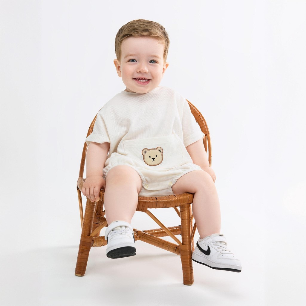 Romper Macacão Bebê Menino 100% Algodão Malha Block com Bordado de Urso Confortável Verão em Oferta na Shopee