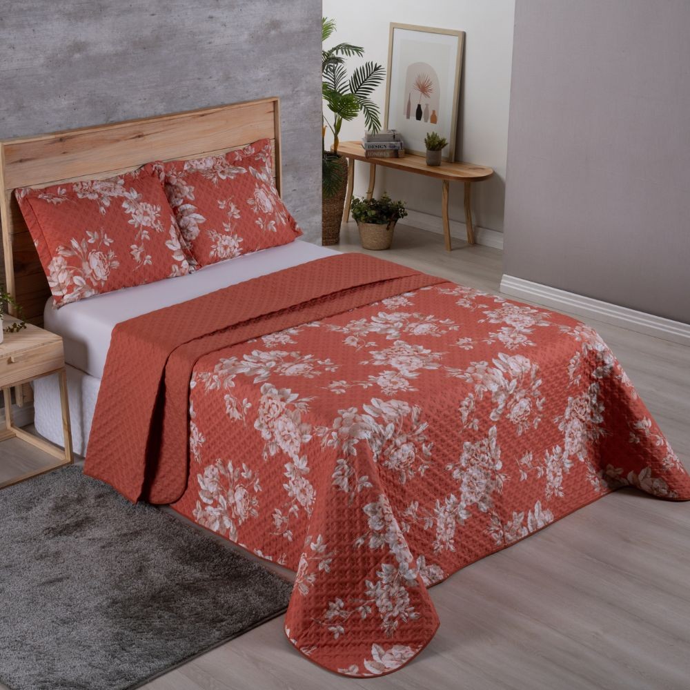 Kit Colcha Cobre leito Queen Dupla Face 3 peças Matelado Micropercal 200 fios Floral Estampado Brisa