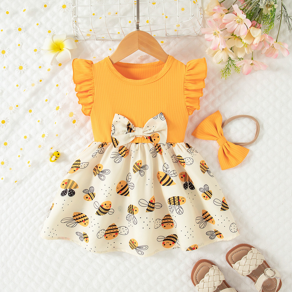 Vestido Amarelo Para Bebê Menina Bonito Dos Desenhos Animados Abelhas Impresso De Manga Voadora Princesa Crianças Enviar