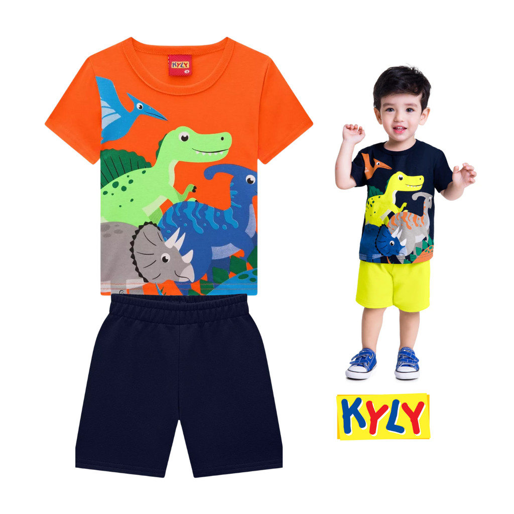 Conjunto Infantil Menino Camiseta Dinossauro e Bermuda kyly Tamanho 1