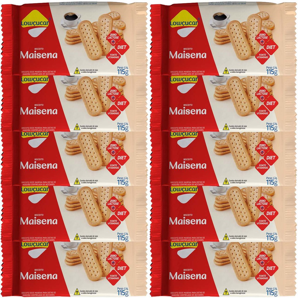 Kit 10 - Biscoito Maisena Tradicional Lowçucar Zero Adição de Açúcares, Doces Diet Zero Lactose 115g