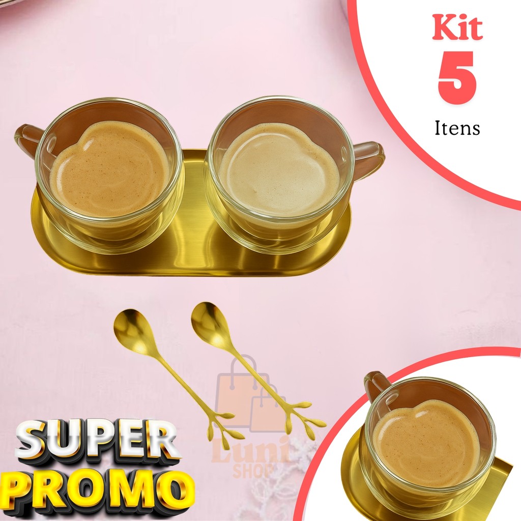 Cantinho do Café Luxo Decoração bandeja e colher dourada Xícara coração xicara Coração parede dupla