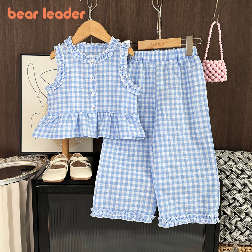 Urso Líder Verão Rendas Meninas Roupas Terno Versão Coreana Azul Xadrez Sem Mangas Topo + Calças De Perna Larga Conjunto