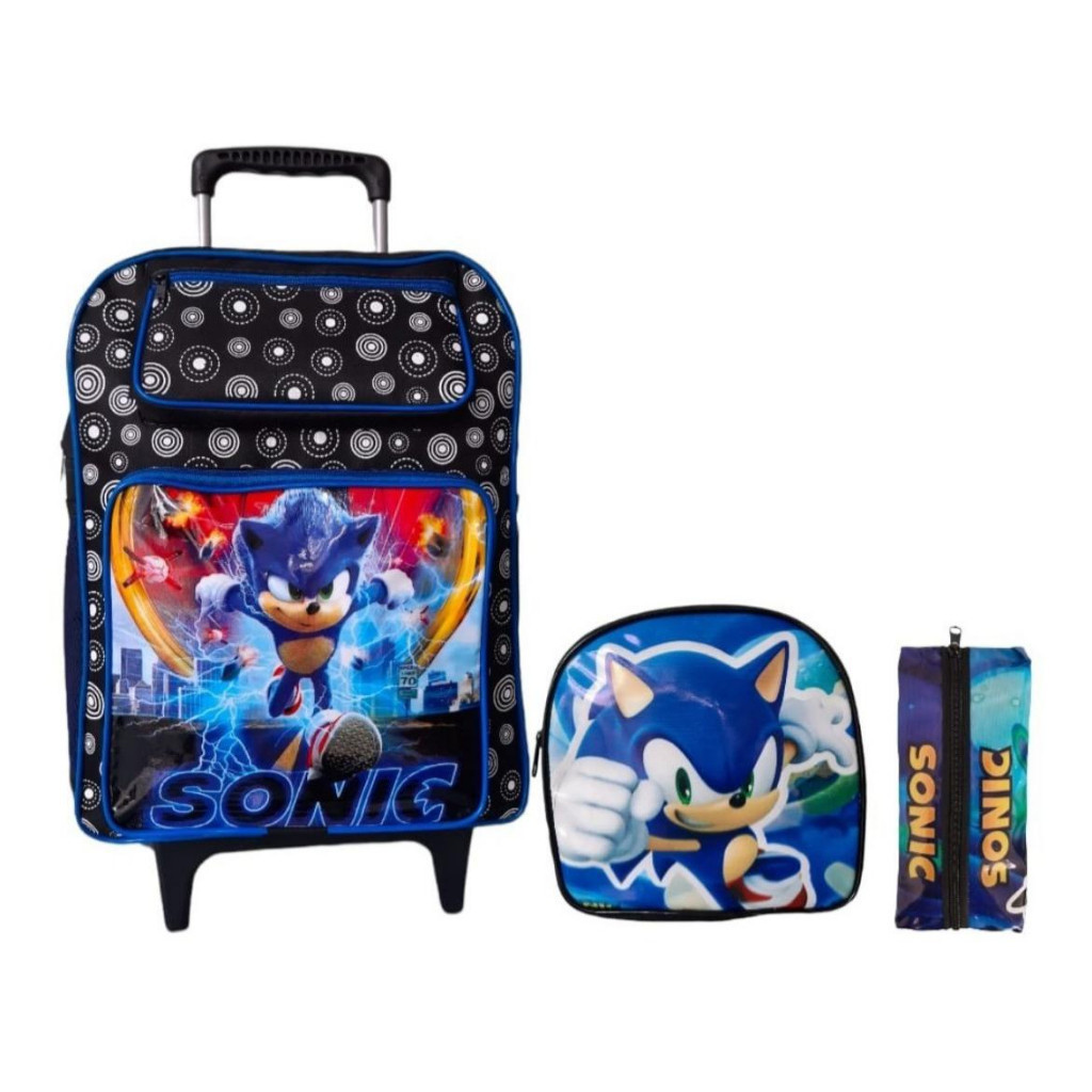Kit Mochila escolar Bolsa Rodinha Carrinho Escolar Infantil + Lancheira e Estojo Personagem Ouriço Azul
