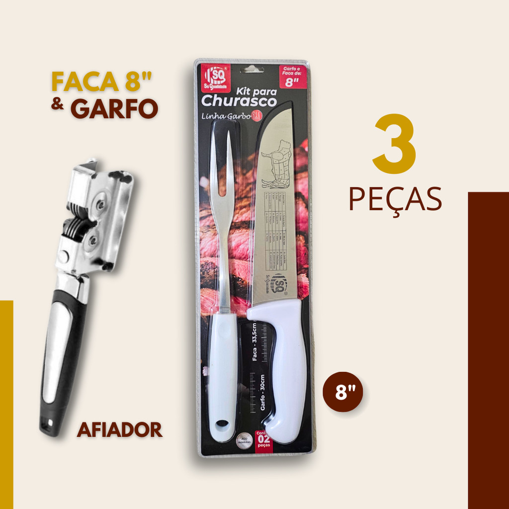 Kit Churrasco 3- 2 ou 1 Peça Faca 8" Garfo Trinchante Amolador Churras Cozinha Afiador Churrascaria