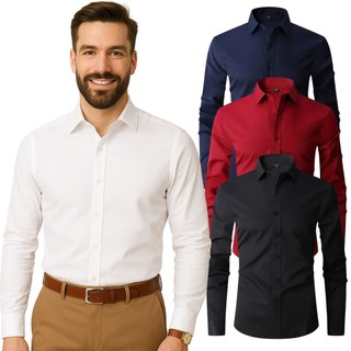 Camisa Social Masculina Slim Tricoline com Elastano Manga Longa Não Amarrota