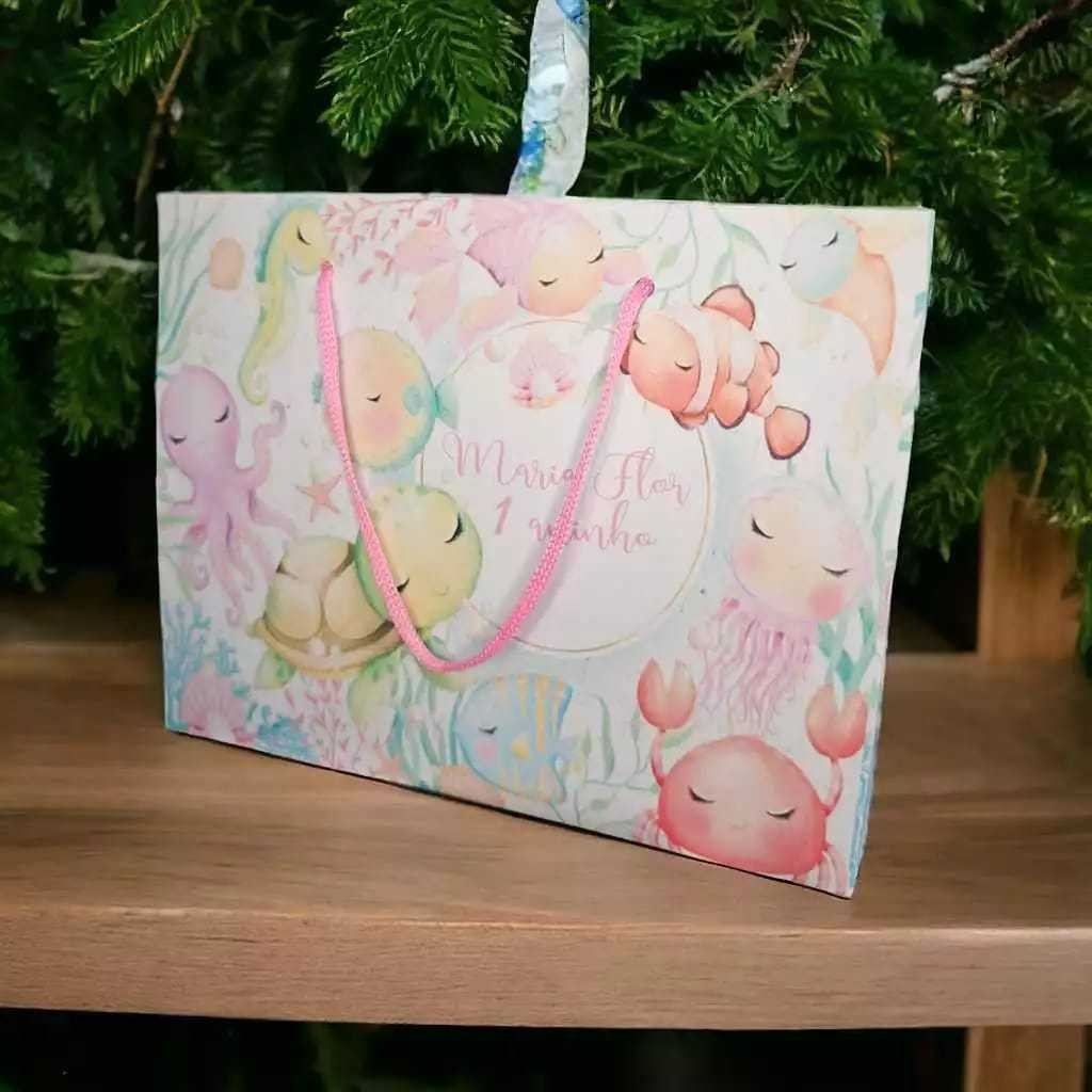 10 Sacolinhas Personalizadas (G) Fundo do Mar Aquarela Rosa (20x16x6cm)