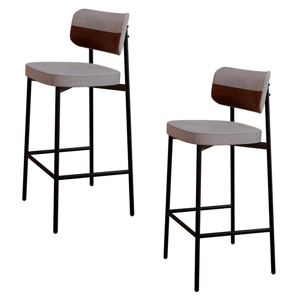 Banqueta Alta Bar Estofada Kit 2 Ella M25 Linho Cinza CL/Marrom - Mpozenato