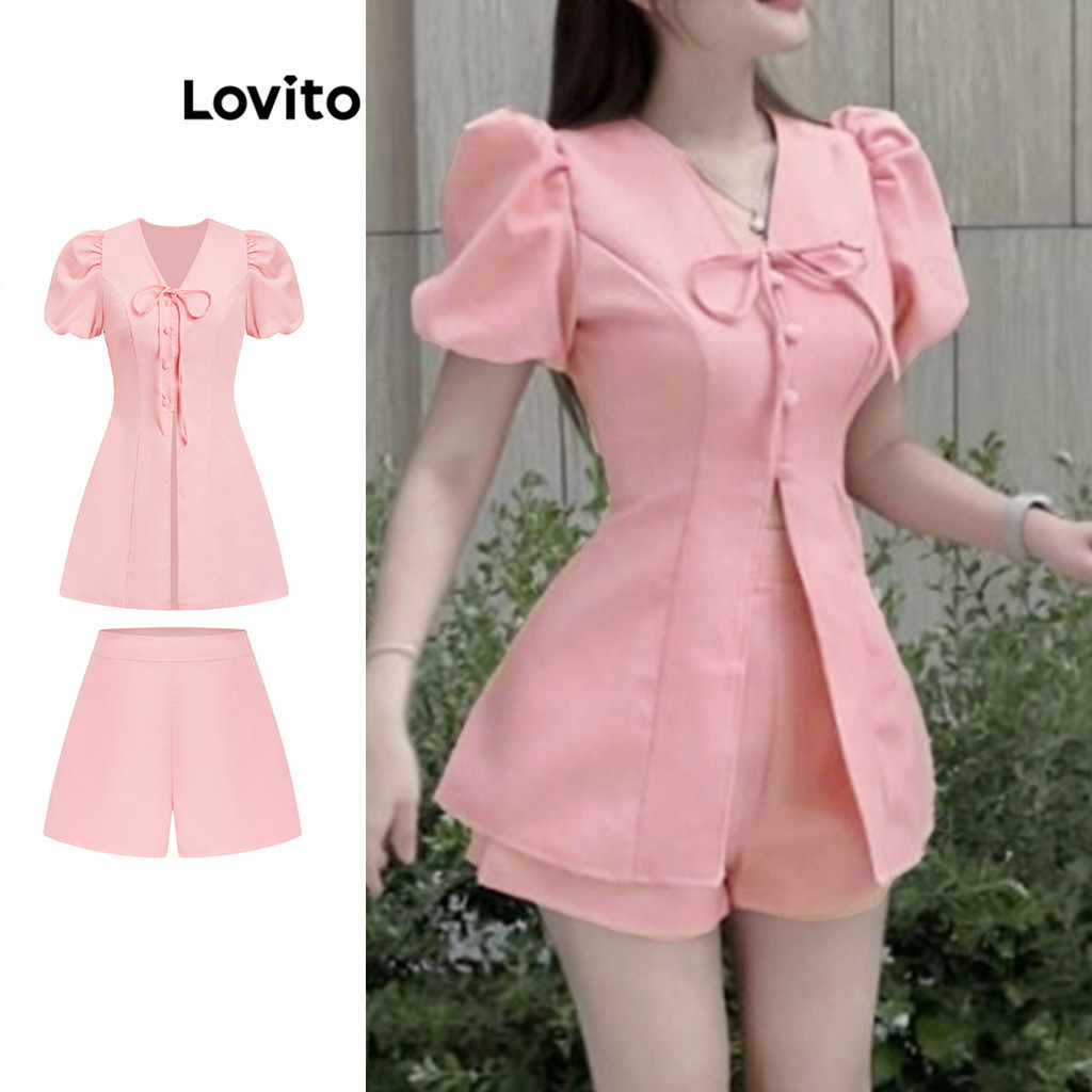 Lovito Conjuntos De Shorts Casuais Lisos Com Cadarço Ou Calças Para Mulheres L108ED912 - Women Clothes