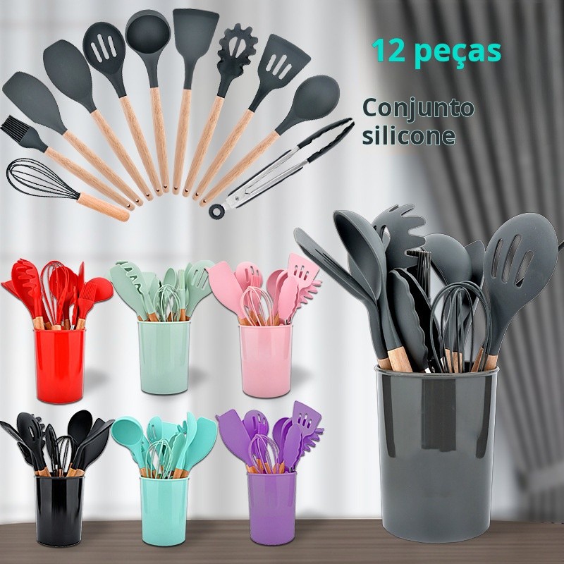 Kit C/12 Peças Utensílios De Cozinha Colheres Espatula Silicone Cabo Madeira Decoração Liv...