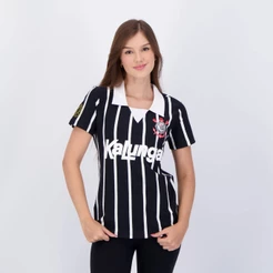 Polo Corinthians Kalunga Retrô Feminina Preta e Branca